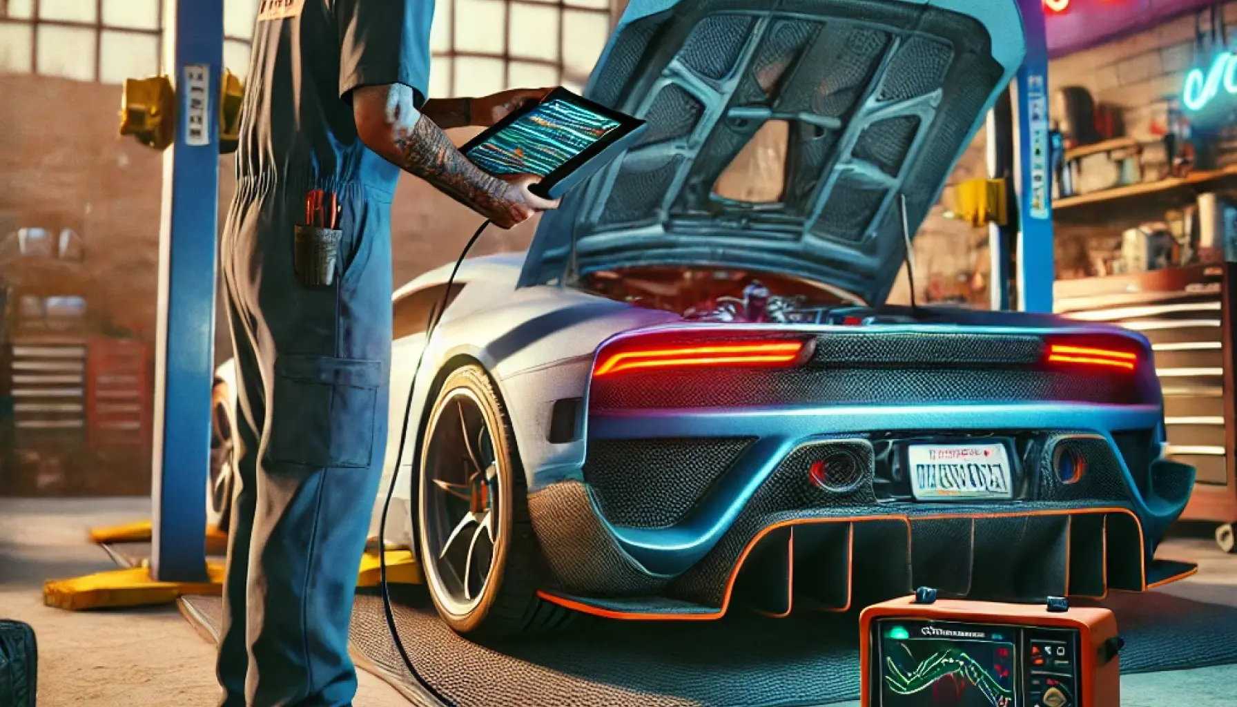 Un mecanico mejorando el rendimiento de hermoso auto con una computadora